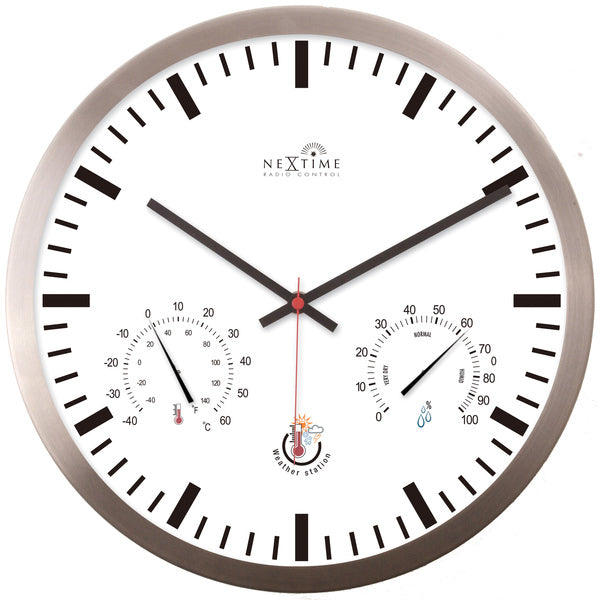 NEXTIME NE-90513WI wall clock + weather station 25cm white RC aluminum