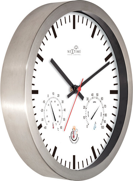 NEXTIME NE-90513WI wall clock + weather station 25cm white RC aluminum