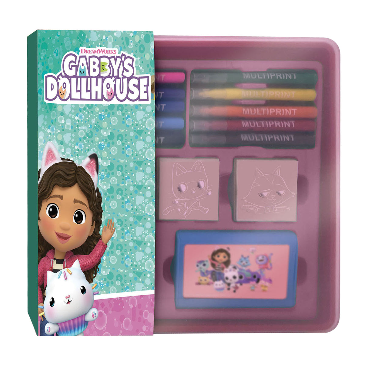 Multiple Gabbys Dollhouse -frimärken och filtpennor som är inställda i lagringsbox