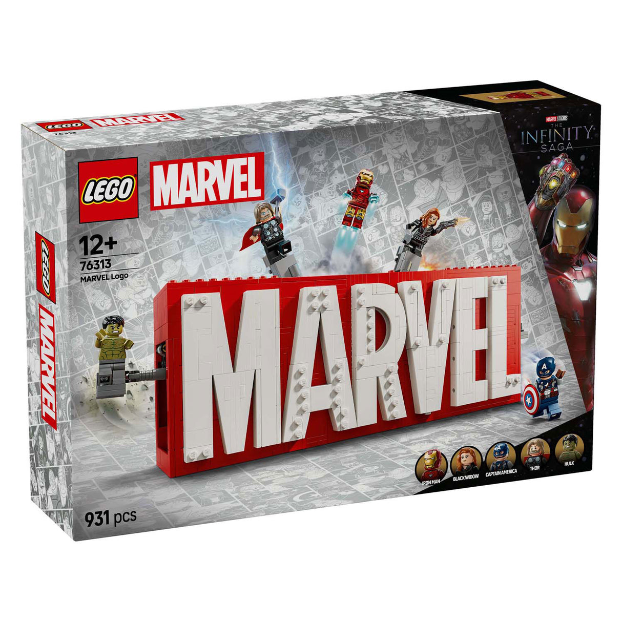 LEGO Super Heroes 76313 Marvel logo and minifigures