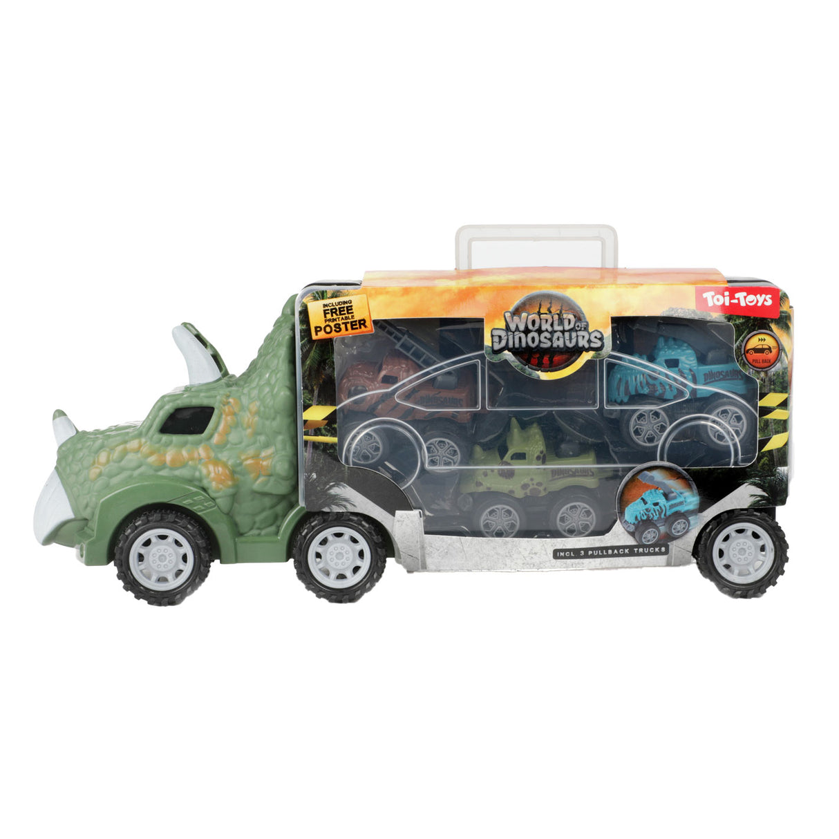 Welt vun Dinosaurier Dinotruck mat 3 Pull-Réck Autoen
