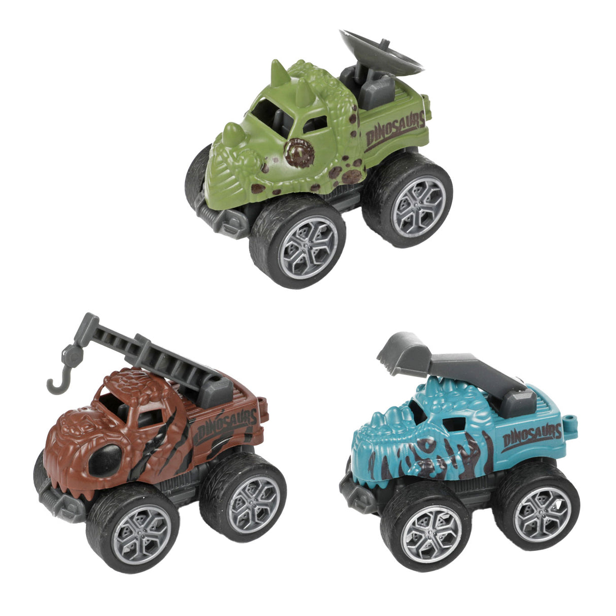 Welt vun Dinosaurier Dinotruck mat 3 Pull-Réck Autoen