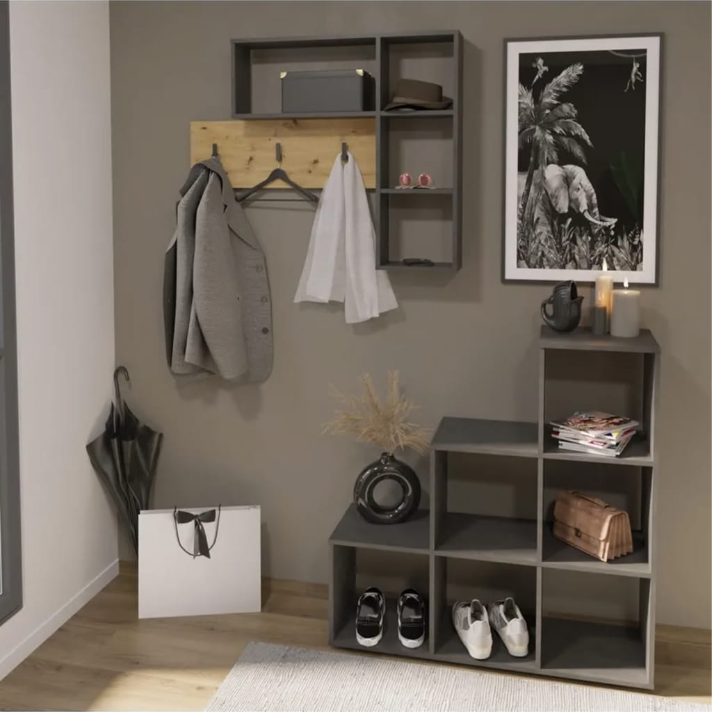 FMD FMD Wall coat rack with 4 open compartments of anthracite and oak colored