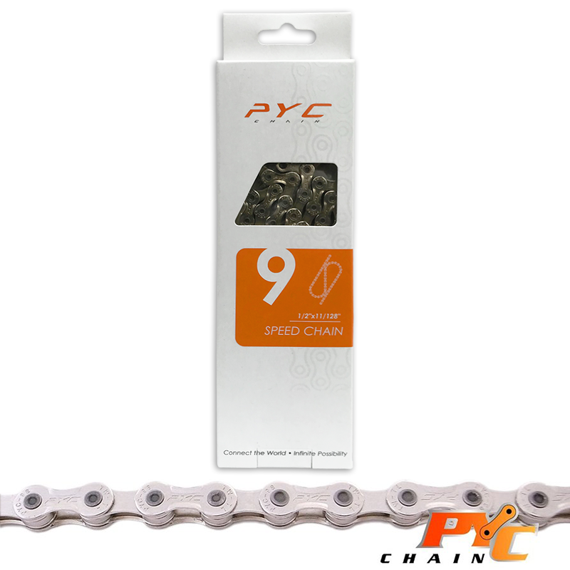 PYC Bicycle chain 9V - Mushroom -shaped pins - Chrome Harden Tech - 116 Schakels