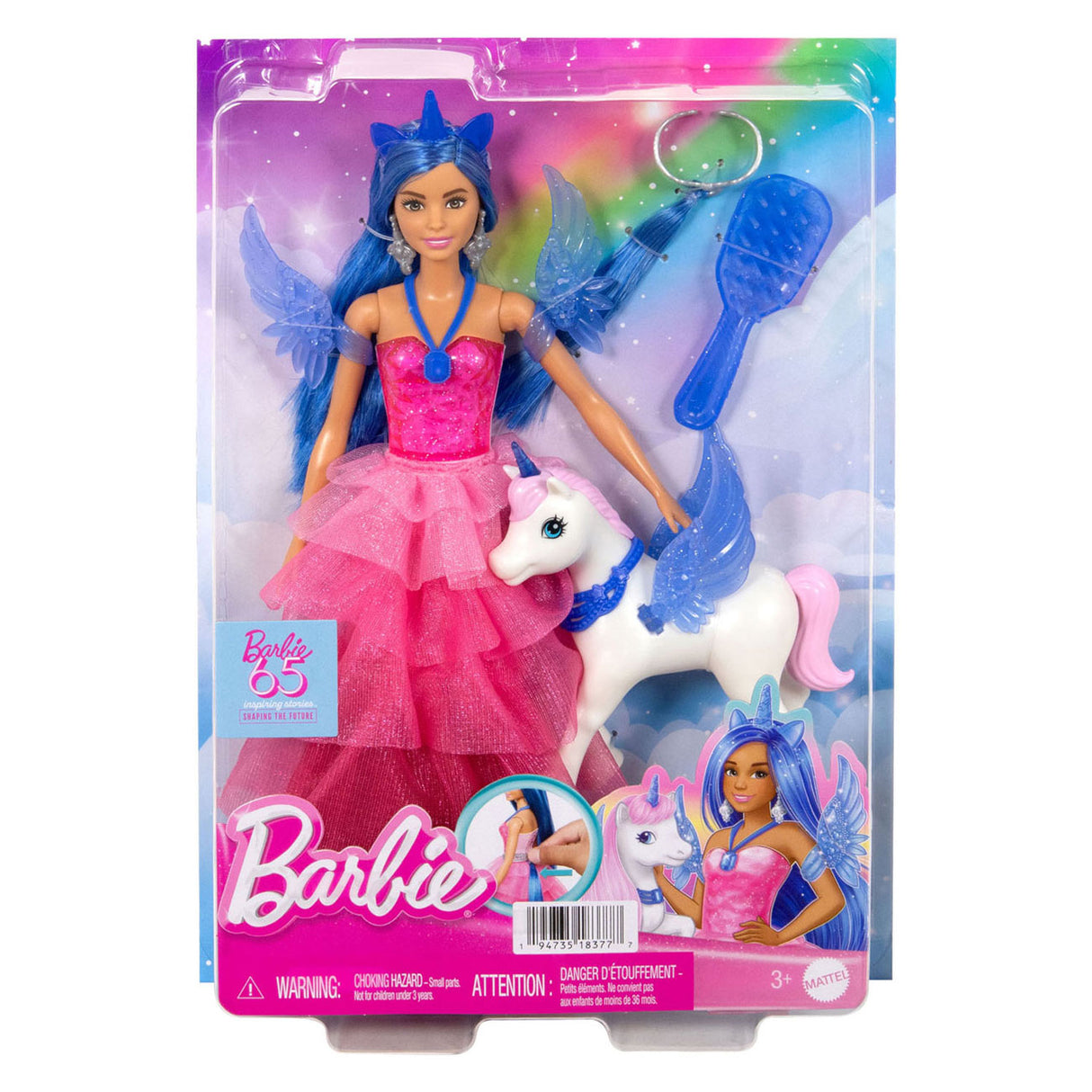 Lutka Mattel Unicorn z modrimi lasmi, roza obleko in Alicorn