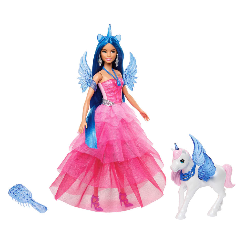 Lutka Mattel Unicorn z modrimi lasmi, roza obleko in Alicorn
