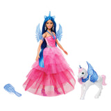 Lutka Mattel Unicorn z modrimi lasmi, roza obleko in Alicorn