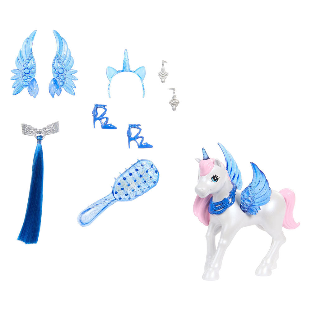 Lutka Mattel Unicorn z modrimi lasmi, roza obleko in Alicorn