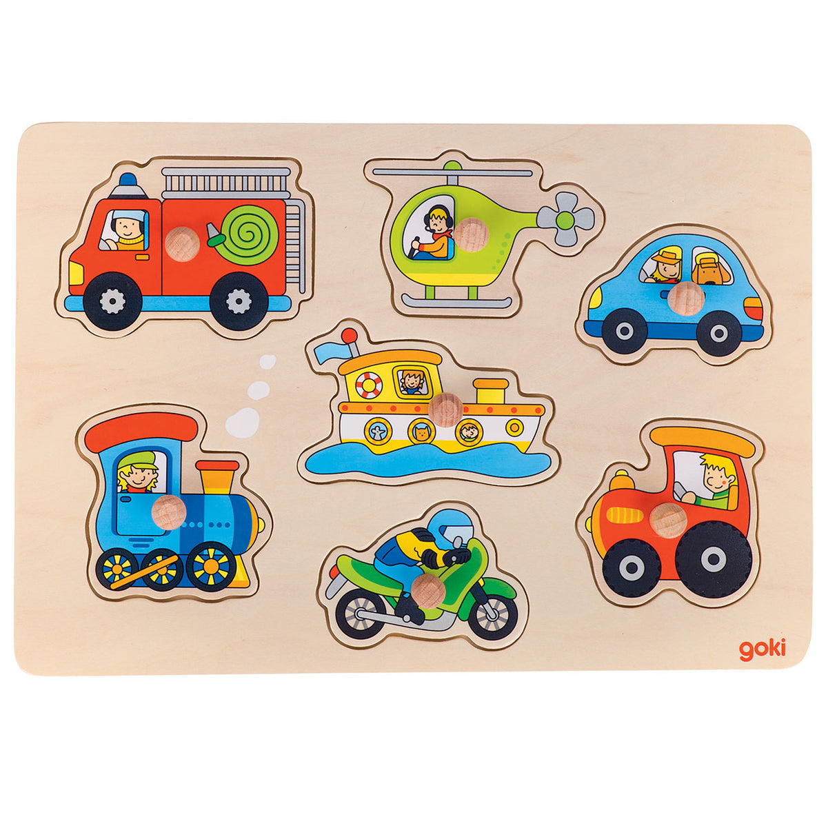 Goki wooden stud puzzle vehicles, 7st.