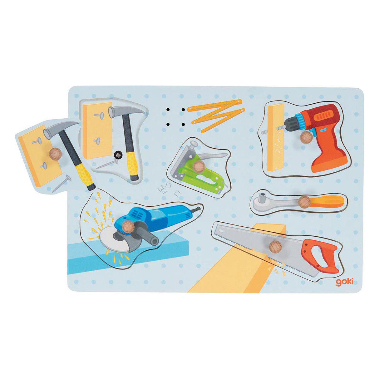 Goki wooden shape puzzle tools with sound, 6st.