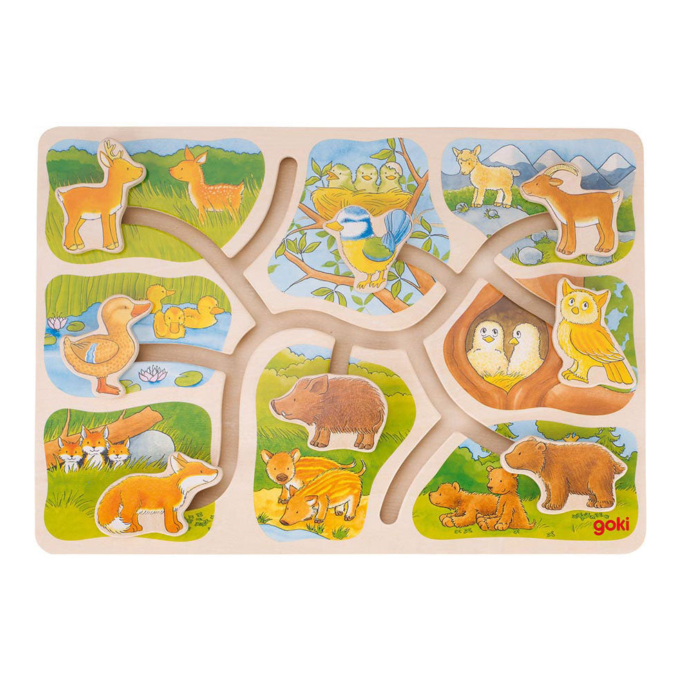 Goki wooden sliding puzzle Who belongs to whom, 8st.