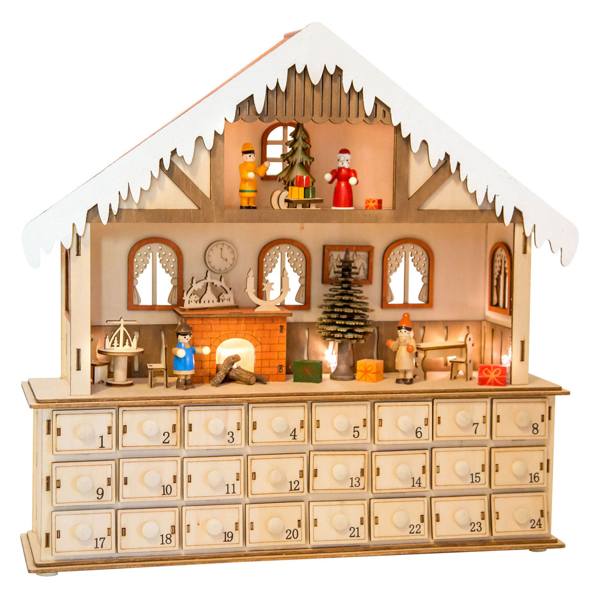 Malá noha - Dřevěný adventní kalendář obývací pokoj se světly