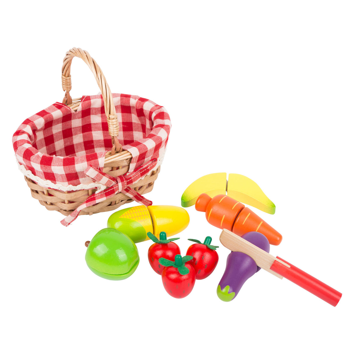 Klenge Fouss Holz Picknick Kuerf mat geschniddene Uebst, 15dlg.