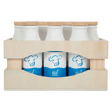 Small foot wooden crate with milk bottles, 12dlg.