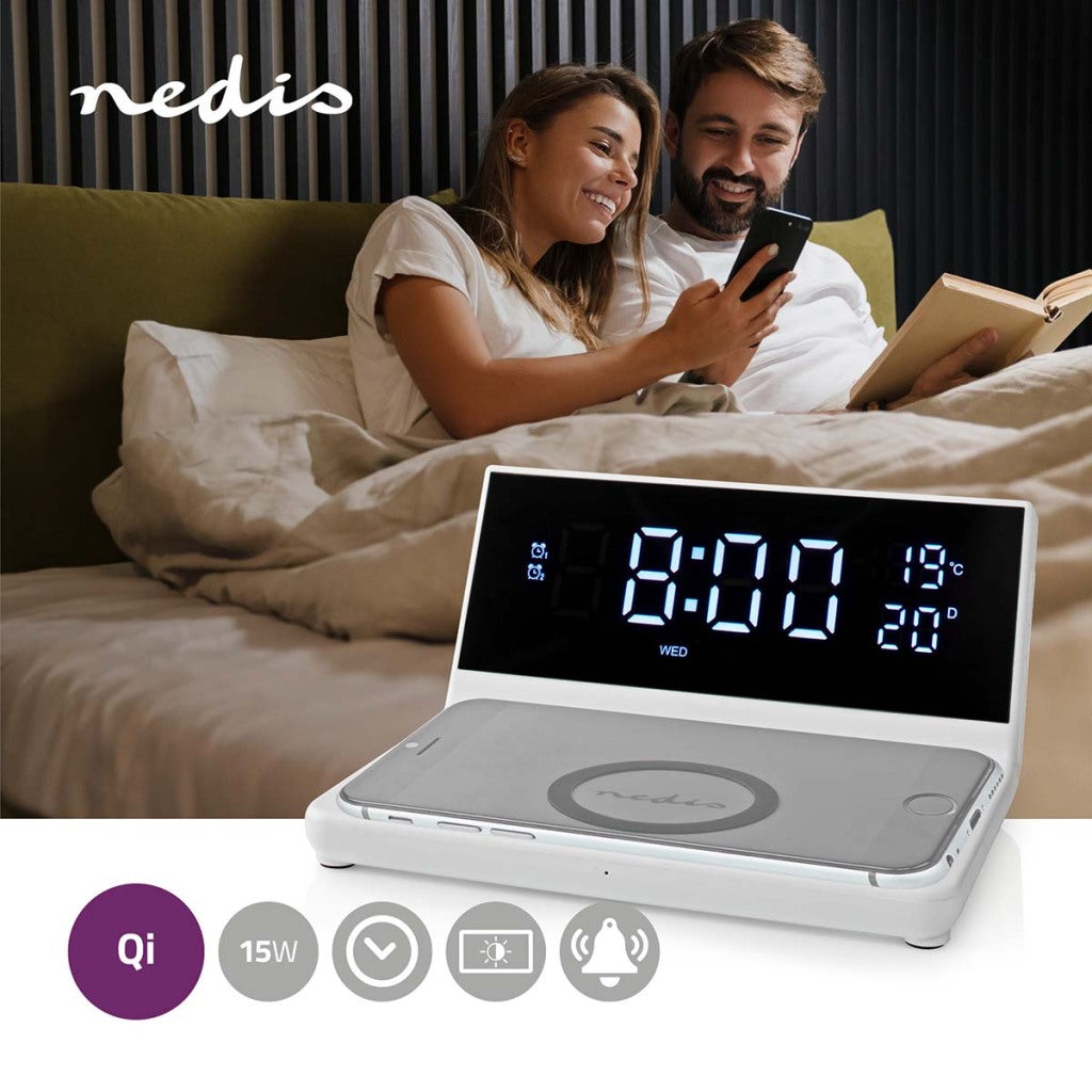 Nedis WCACQ20WT vekkerklokke med trådløs lader Qi White