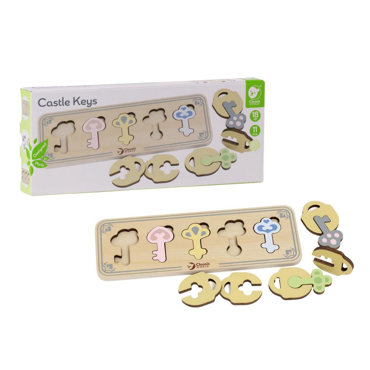 Classic World Wooden Castle keys and locks match game, 13dlg.
