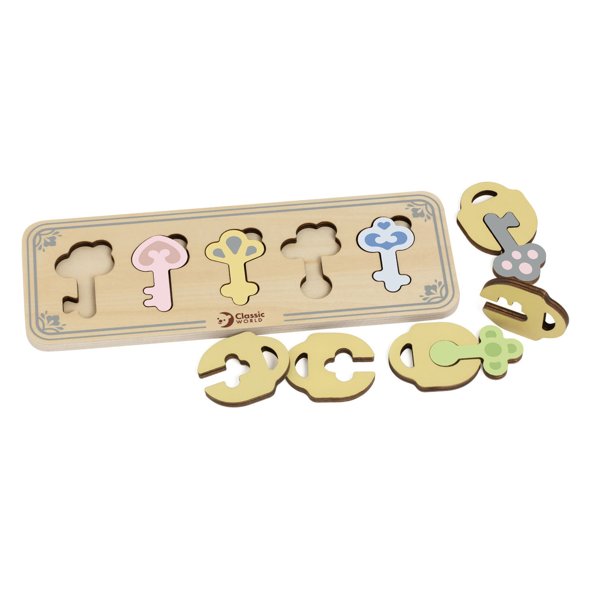 Classic World Wooden Castle keys and locks match game, 13dlg.