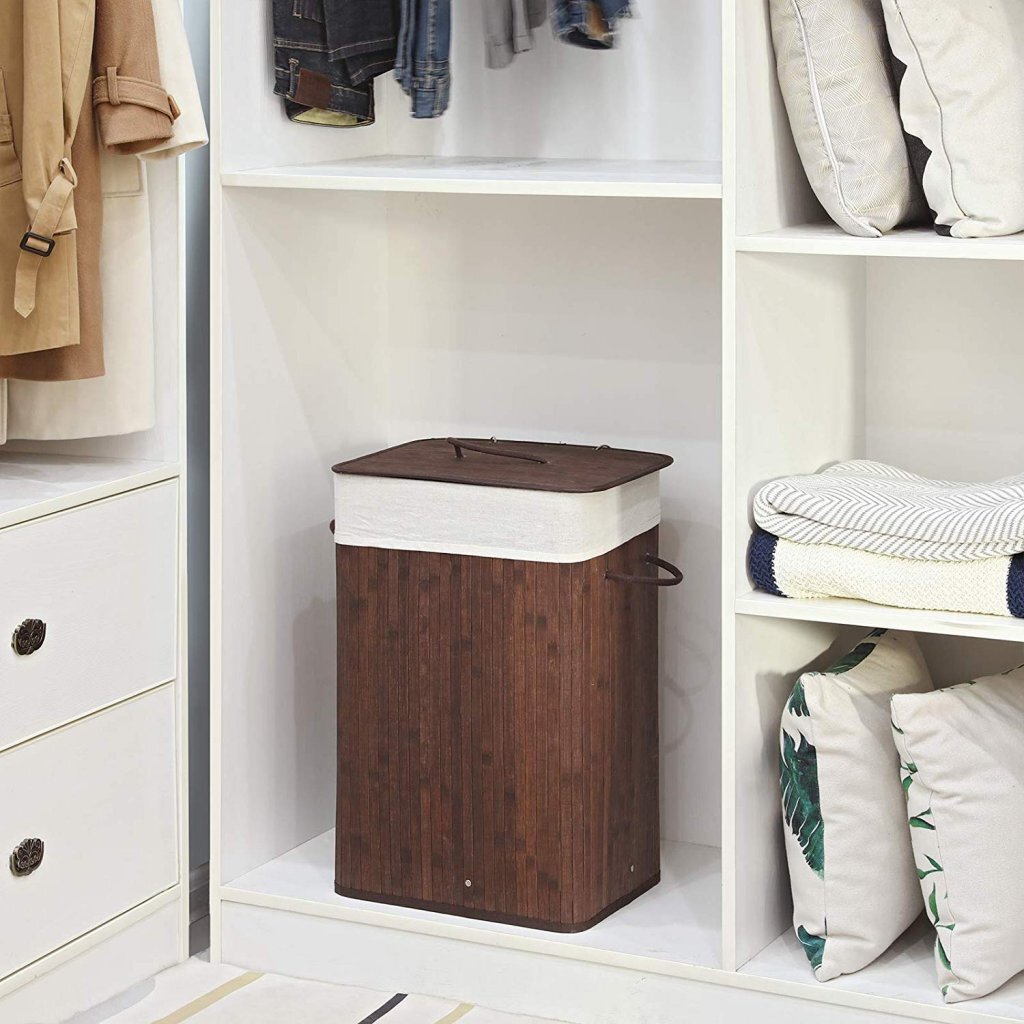 Homestyle pro rectangular bamboo laundry basket + text 52x32x63 cm brown white