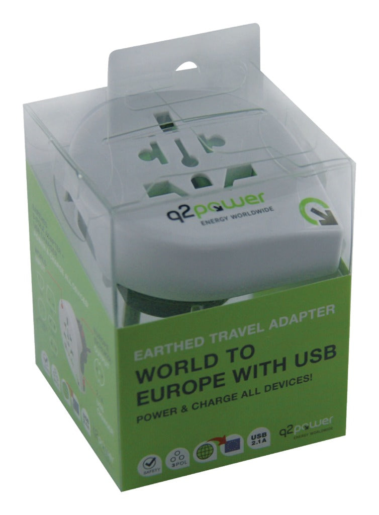 Q2 Power 1,100110 Travel adapter World-to-Europe USB grounded