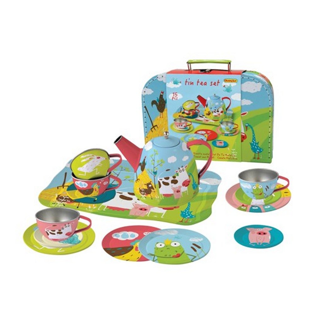 Semplicemente per bambini set da tè in metallo in valigia con animali da allevamento di 15 pezzi