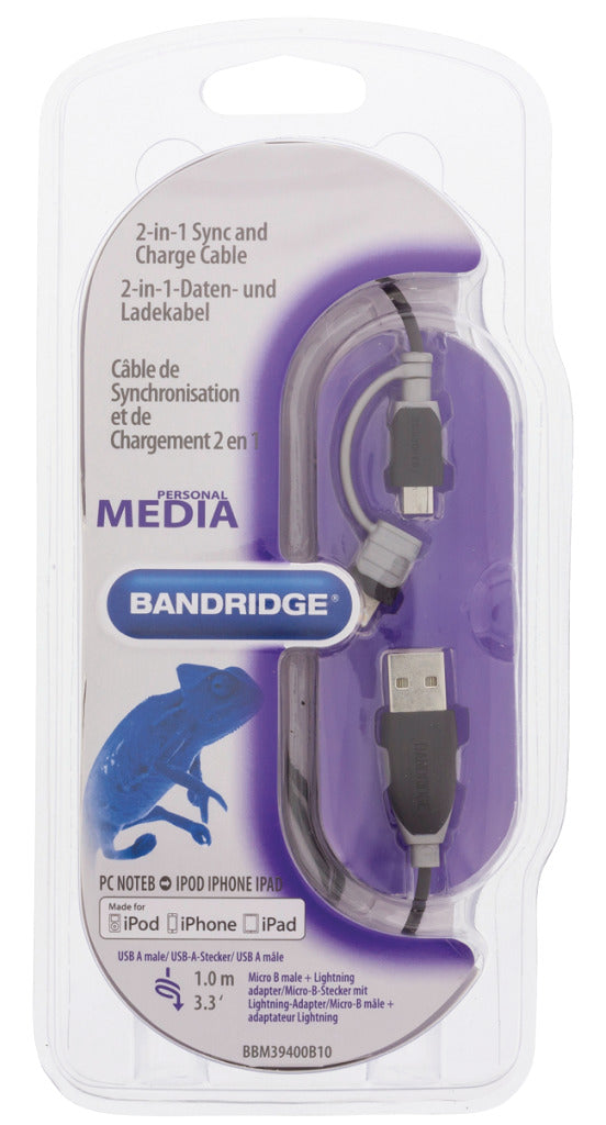 Bandridge BBM39400B10 2-in-1-Daten und Ladungskabel USB Micro-B Männlich + LightNingAdapter-A männlich 1,00 m Schwarz