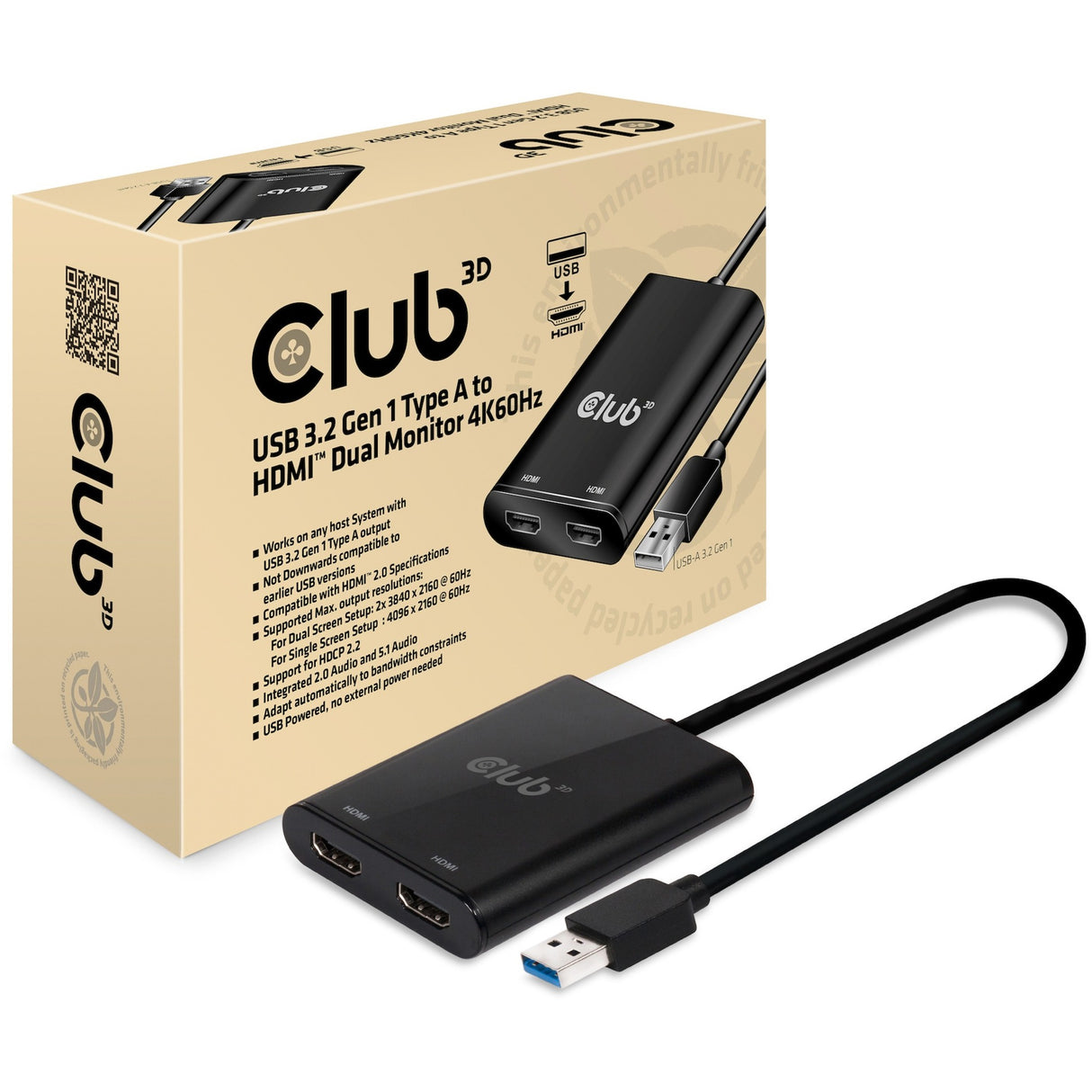 Club 3D USB 3.2 Gen1 Typ A till HDMI Dual Monitor 4K 60Hz