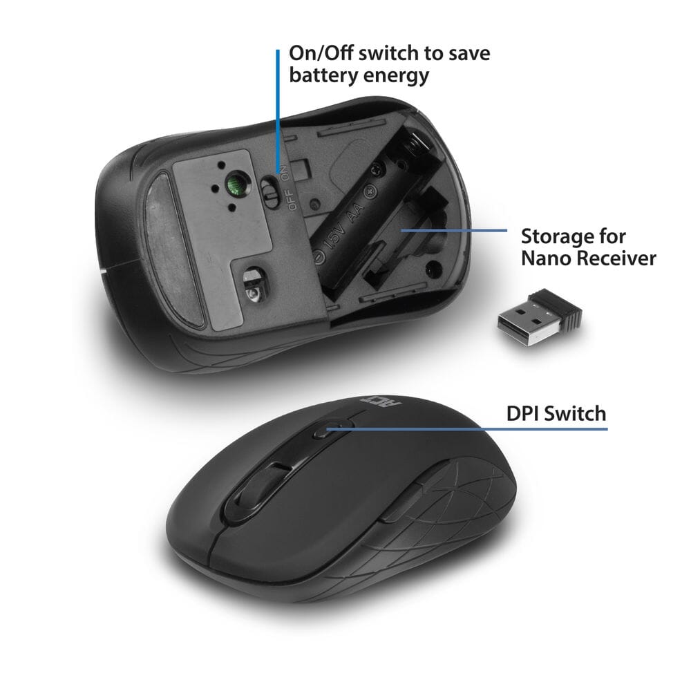 Act Wireless Mouse, USB Nano receiver, 1600 DPI, Black