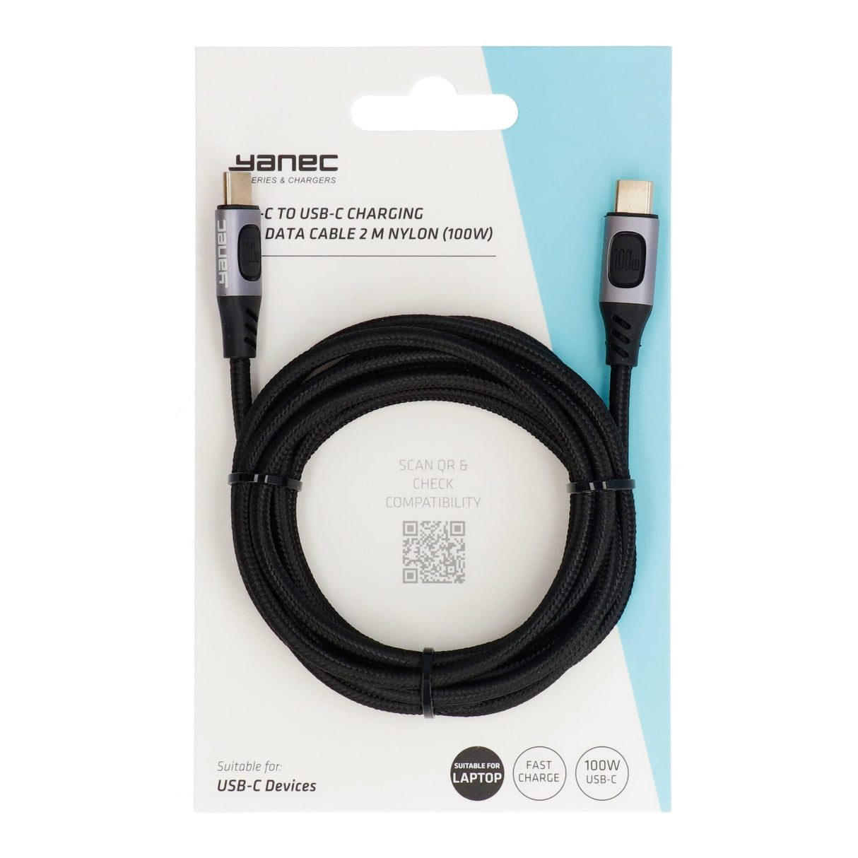 Yanec USB-C na USB-C Nabíjení a datový kabel 2m nylon (100 W)
