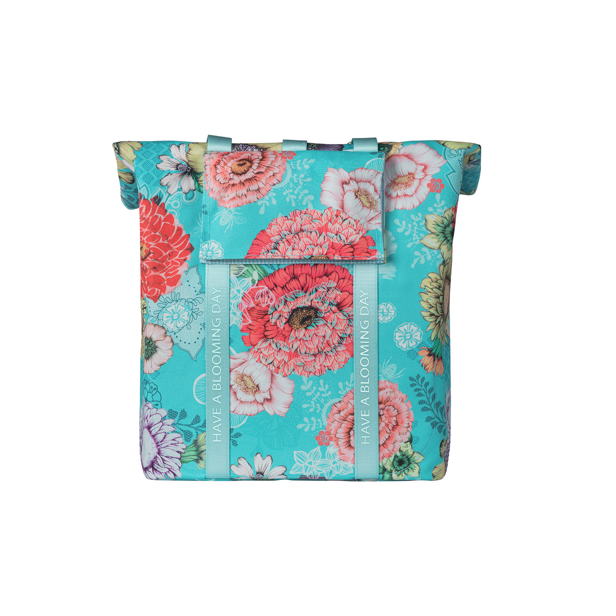 Basilikum Bloom Field Bicycle Shopper, recycelte Kappe, wasserdichtes, verstellbares Schultergurt, Laptop-Fach, 15-20L, Himmelblau