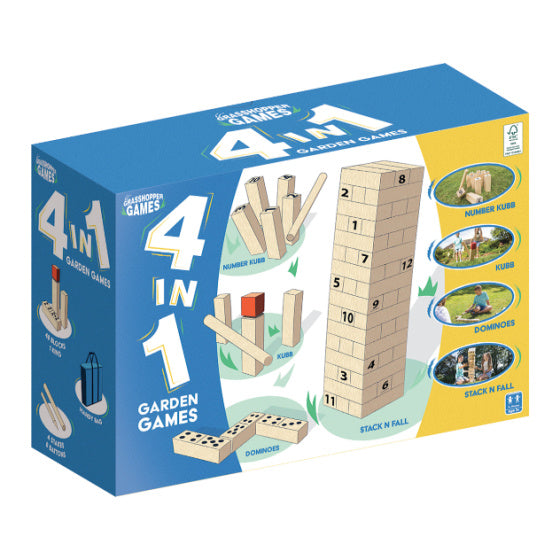 Heuschrecke 4-in-1 Holzgartenspiele Kubb Domino Jenga