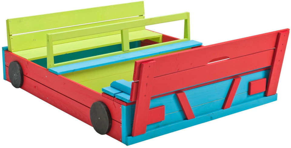 Swinging Sandbox Auto 120 x 100 x 20 cm Holz blo gréng rout
