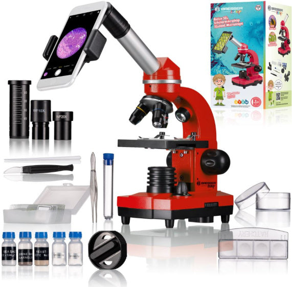Bresser Microscope Junior 29 cm ocelový červená 28-dílná