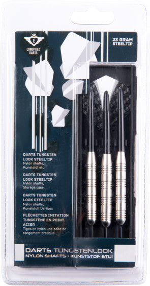 Longfield Darts Steeltip Dartspijl sett 23 gram sølv svart 3 stykker